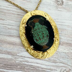 Vtg Greco Roman Style Urn Cameo Large Pendant Necklace In Art Nouveau Frame 24”